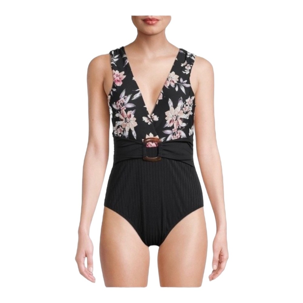 Time and Tru Womens Floral Ribbed Buckle One Piece Swimsuit Black Pink S 4-6 NWT